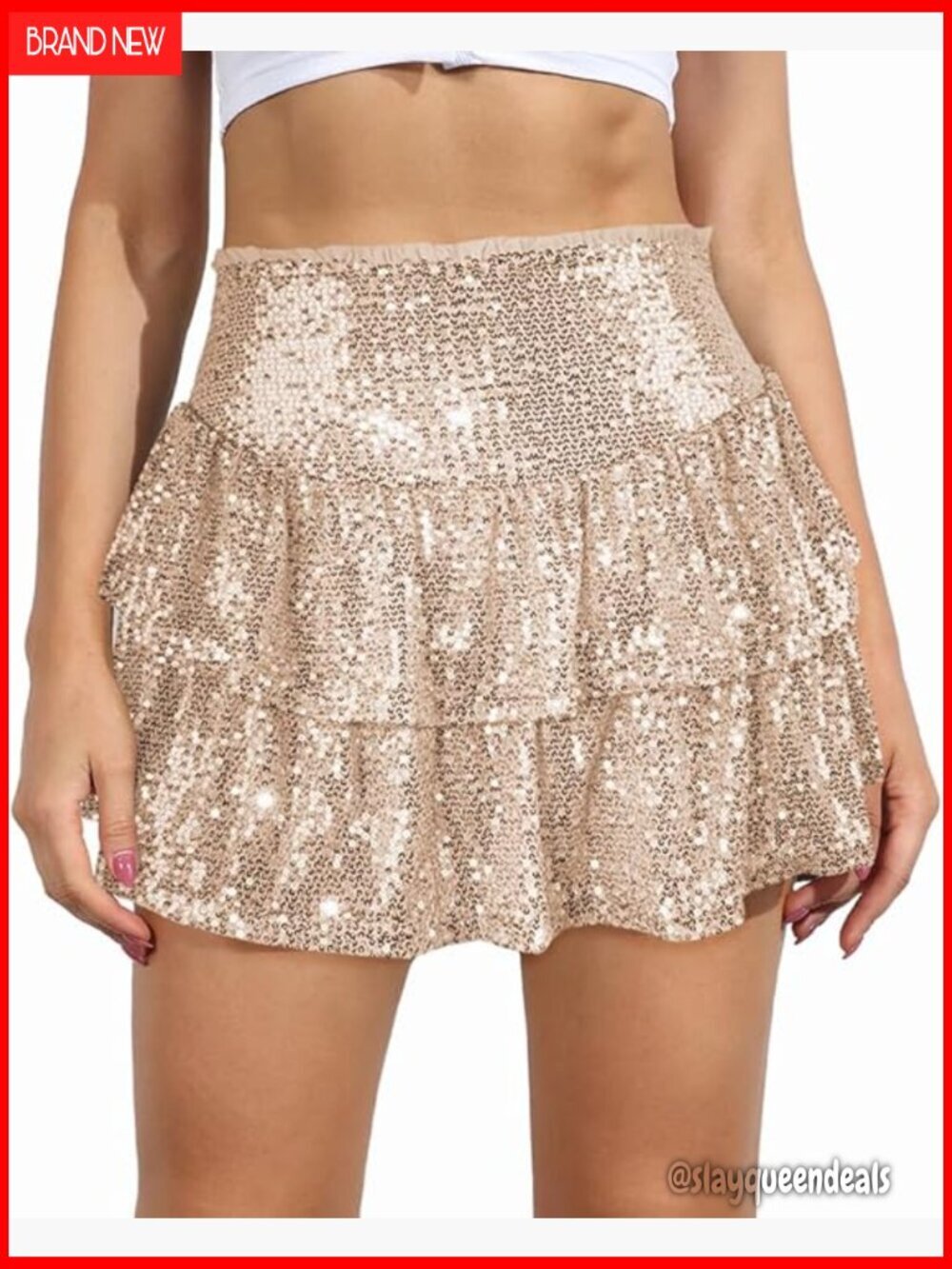 Sequin Ruffle Mini Skirt High Waist Lined Flared Party Club Wear